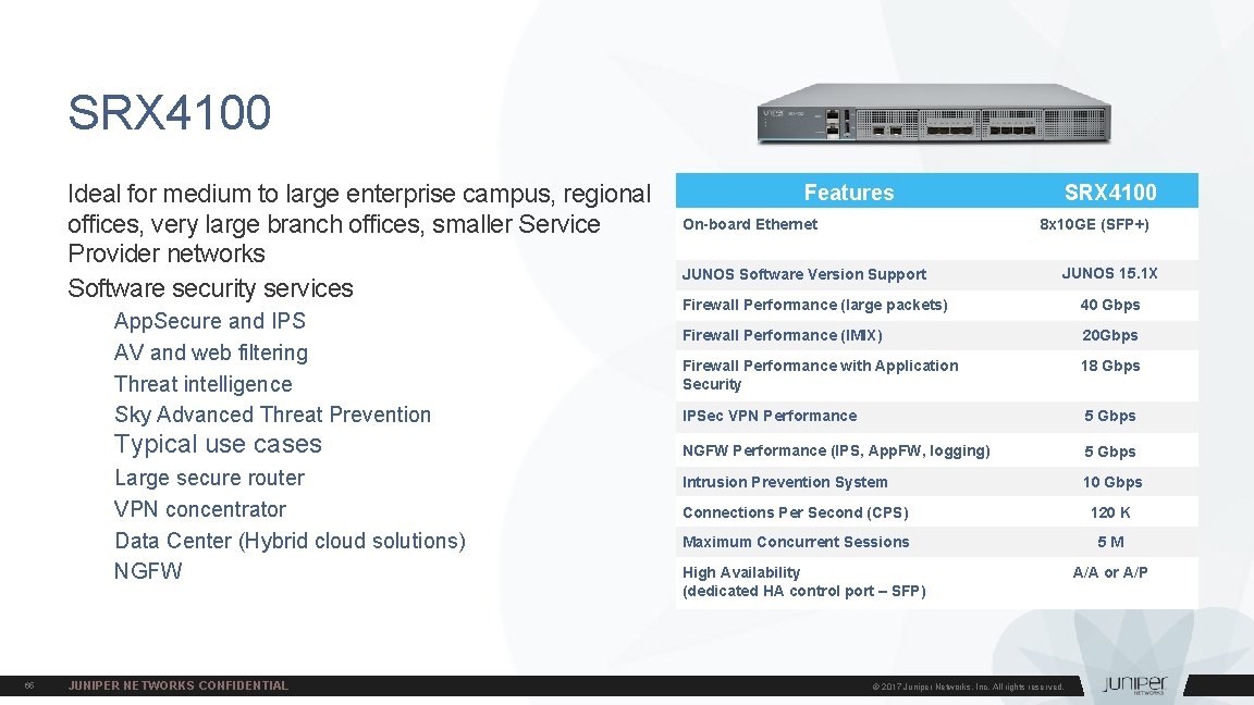 SRX 4100 Ideal for medium to large enterprise campus, regional offices, very large branch