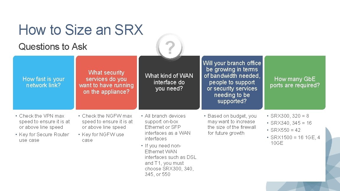 How to Size an SRX Questions to Ask How fast is your network link?
