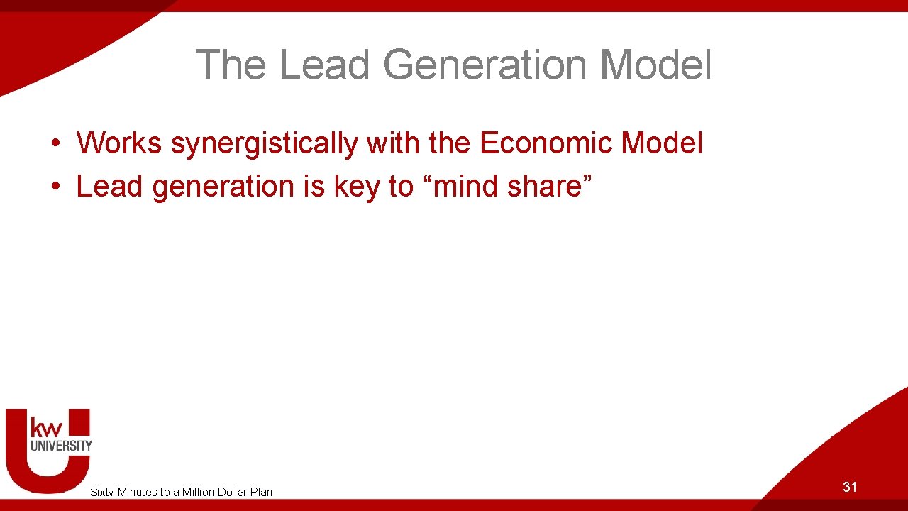 The Lead Generation Model • Works synergistically with the Economic Model • Lead generation