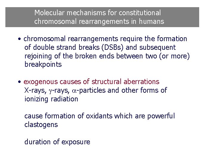 Molecular mechanisms for constitutional chromosomal rearrangements in humans • chromosomal rearrangements require the formation Molecular mechanisms for constitutional chromosomal rearrangements in humans • chromosomal rearrangements require the formation