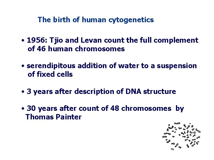 The birth of human cytogenetics • 1956: Tjio and Levan count the full complement The birth of human cytogenetics • 1956: Tjio and Levan count the full complement