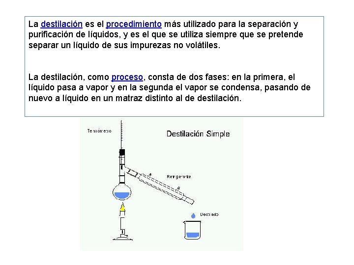 La destilación es el procedimiento más utilizado para la separación y purificación de líquidos,