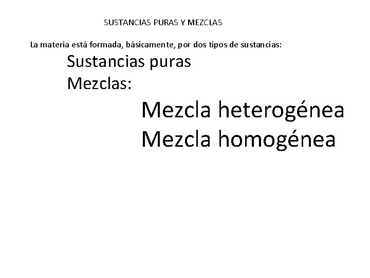 SUSTANCIAS PURAS Y MEZCLAS La materia está formada, básicamente, por dos tipos de sustancias: