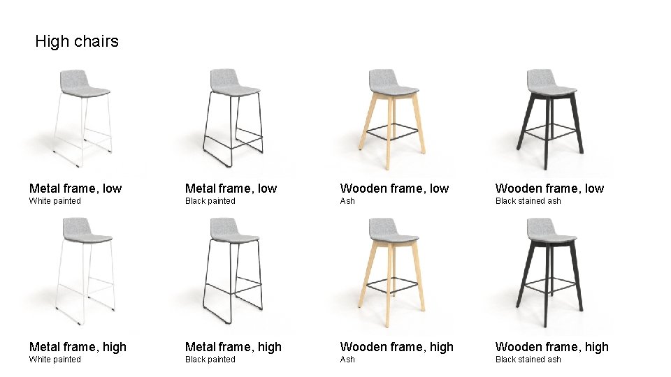 High chairs Metal frame, low Wooden frame, low White painted Black painted Ash Black