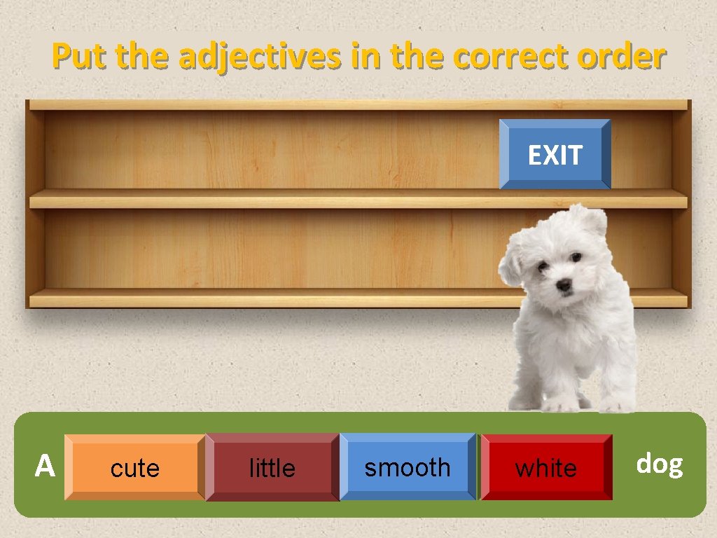 Put the adjectives in the correct order EXIT A cute little smooth white dog
