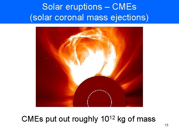 Solar eruptions – CMEs (solar coronal mass ejections) CMEs put out roughly 1012 kg