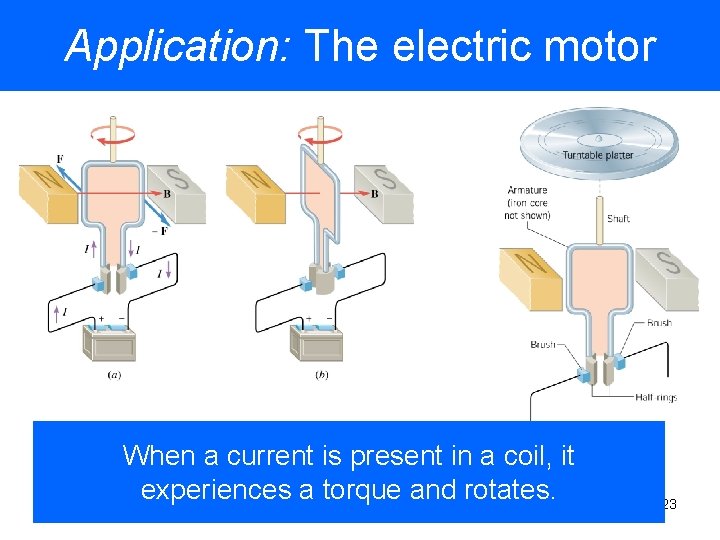 Application: The electric motor When a current is present in a coil, it experiences