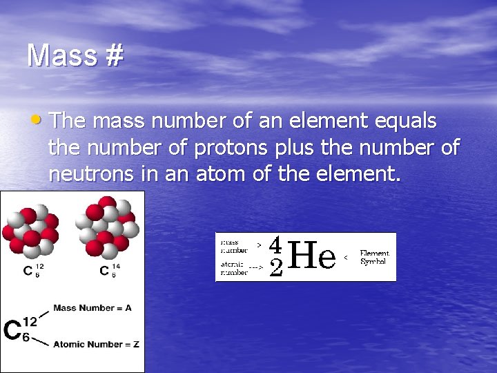 Mass # • The mass number of an element equals the number of protons Mass # • The mass number of an element equals the number of protons