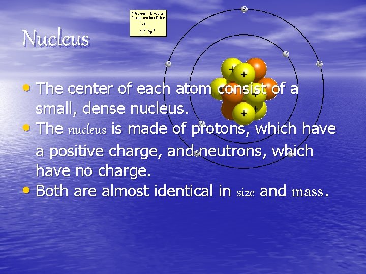 Nucleus • The center of each atom consist of a small, dense nucleus. • Nucleus • The center of each atom consist of a small, dense nucleus. •