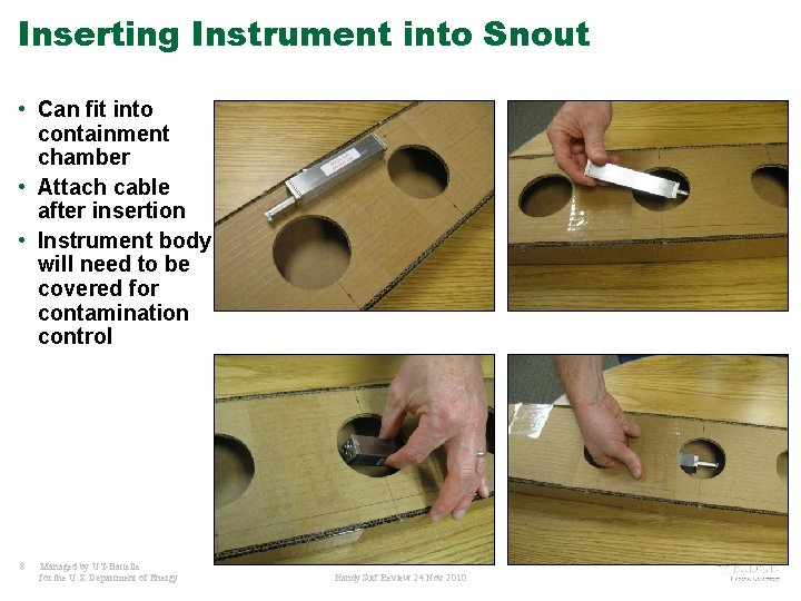 Inserting Instrument into Snout • Can fit into containment chamber • Attach cable after Inserting Instrument into Snout • Can fit into containment chamber • Attach cable after