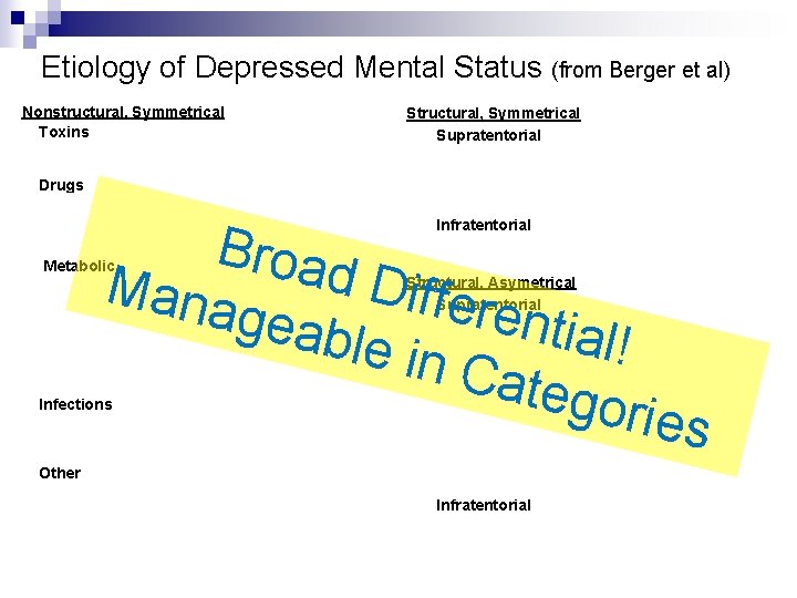 Etiology of Depressed Mental Status (from Berger et al) Nonstructural, Symmetrical Toxins ¨ Lead,