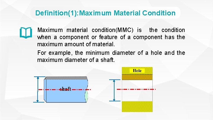 Definition(1): Maximum Material Condition Maximum material condition(MMC) is the condition when a component or