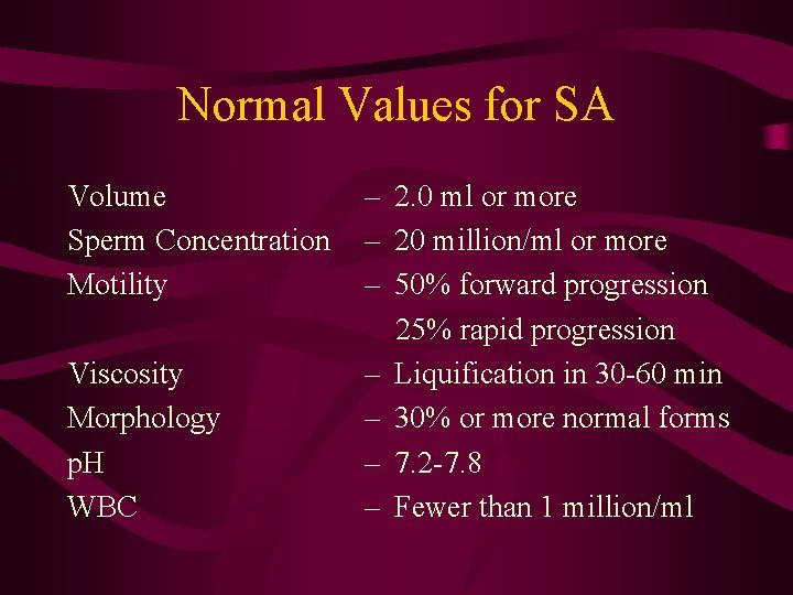 Normal Values for SA Volume Sperm Concentration Motility Viscosity Morphology p. H WBC –