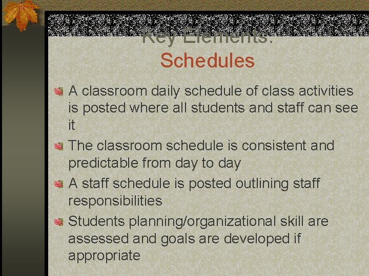 Key Elements: Schedules A classroom daily schedule of class activities is posted where all