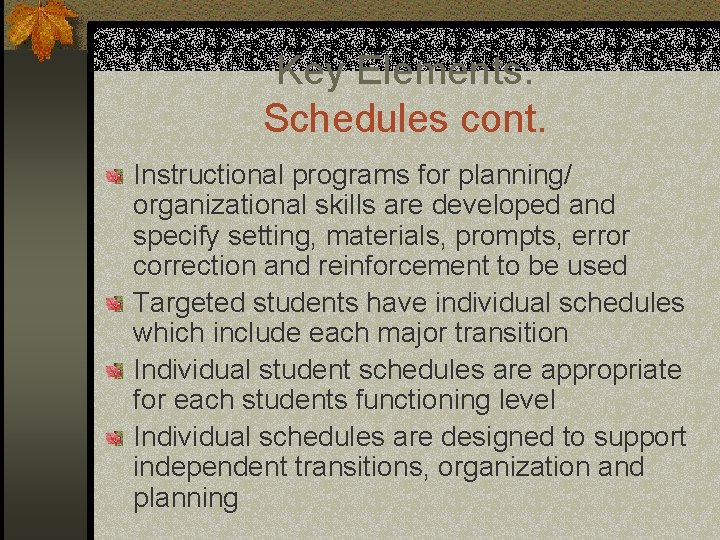 Key Elements: Schedules cont. Instructional programs for planning/ organizational skills are developed and specify
