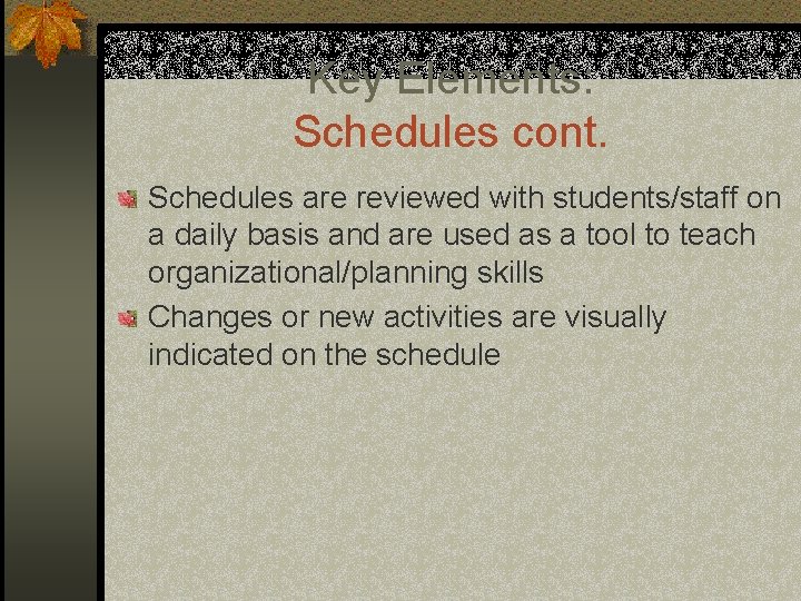 Key Elements: Schedules cont. Schedules are reviewed with students/staff on a daily basis and