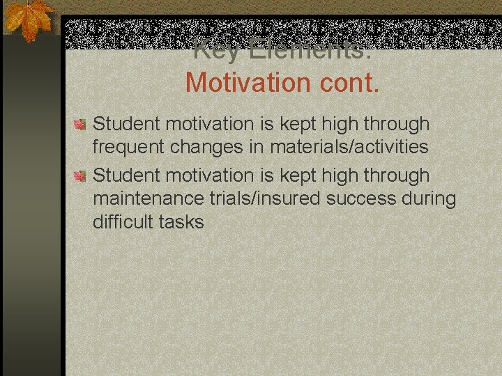 Key Elements: Motivation cont. Student motivation is kept high through frequent changes in materials/activities