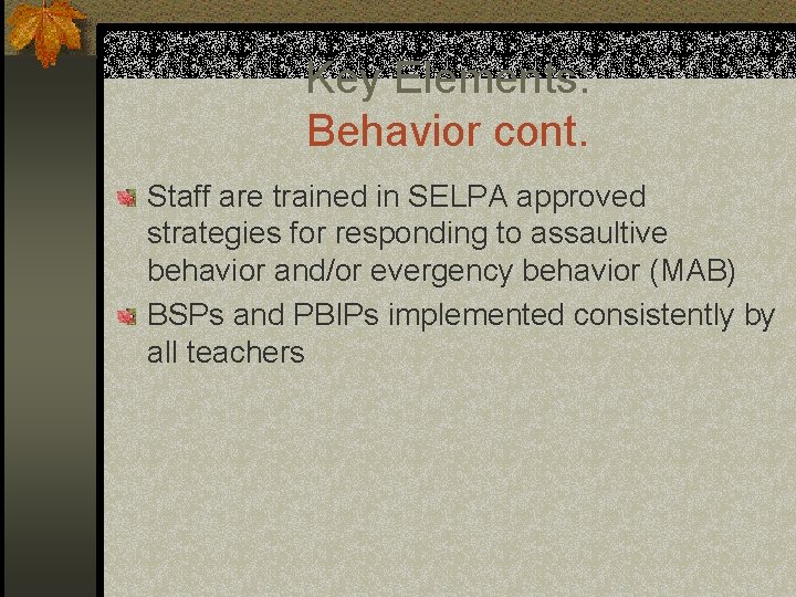 Key Elements: Behavior cont. Staff are trained in SELPA approved strategies for responding to