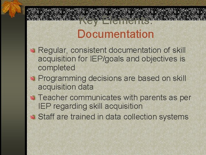 Key Elements: Documentation Regular, consistent documentation of skill acquisition for IEP/goals and objectives is