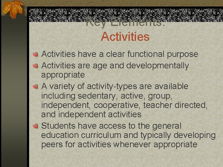 Key Elements: Activities have a clear functional purpose Activities are age and developmentally appropriate