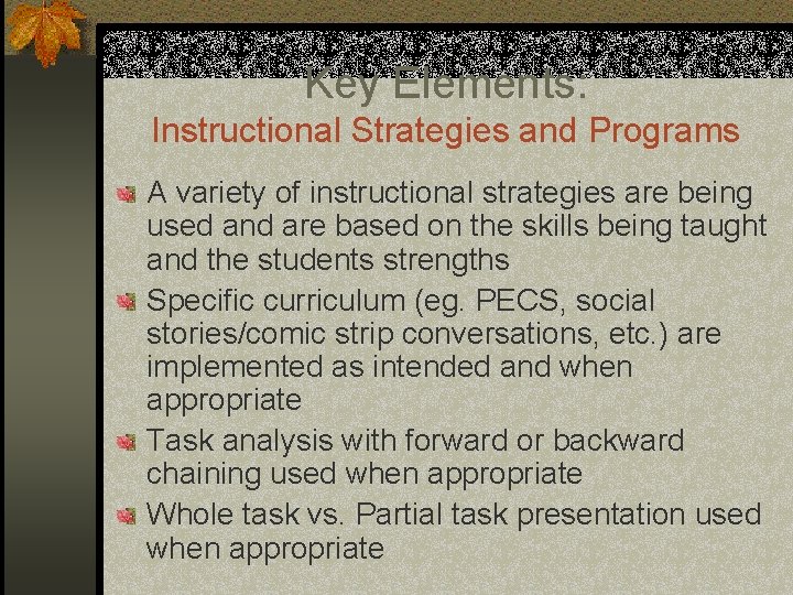 Key Elements: Instructional Strategies and Programs A variety of instructional strategies are being used