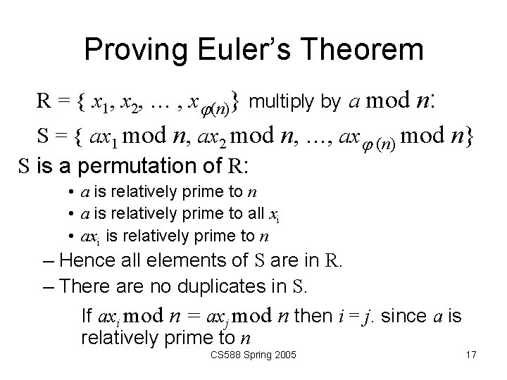 Proving Euler’s Theorem R = { x 1, x 2, … , x (n)}