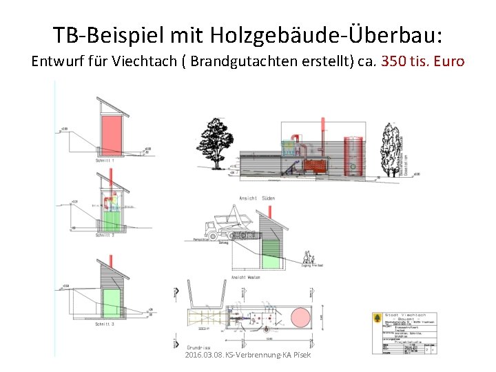 TB-Beispiel mit Holzgebäude-Überbau: Entwurf für Viechtach ( Brandgutachten erstellt) ca. 350 tis. Euro 2016.