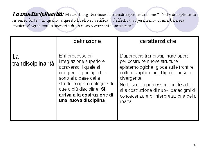 La trandisciplinarità: Mauro Lang definisce la transdisciplinarità come “ l’interdisciplinarità in senso forte “