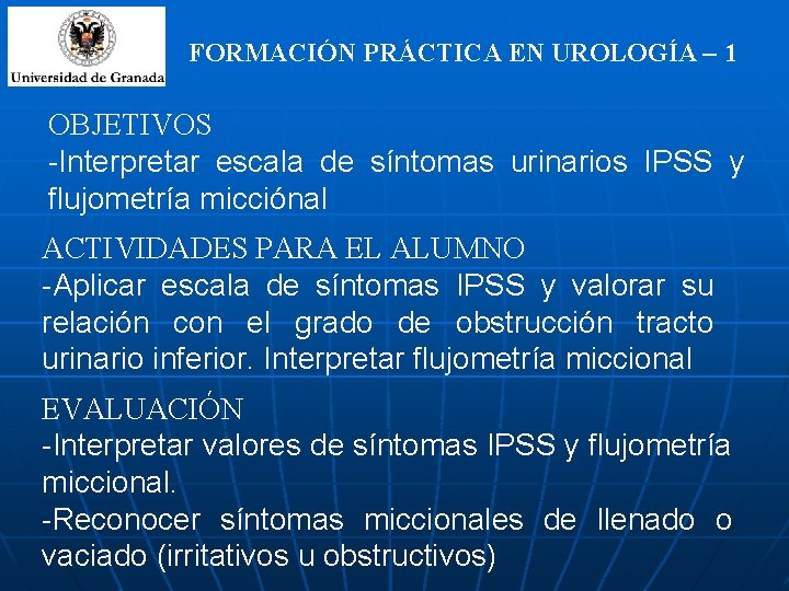 FORMACIÓN PRÁCTICA EN UROLOGÍA – 1 OBJETIVOS -Interpretar escala de síntomas urinarios IPSS y