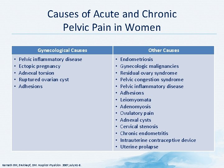 Causes of Acute and Chronic Pelvic Pain in Women Gynecological Causes • • •