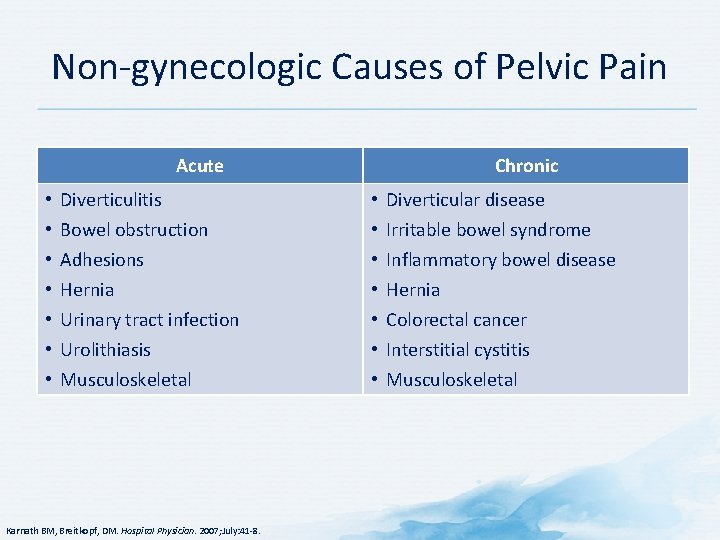 Non-gynecologic Causes of Pelvic Pain Acute • • Diverticulitis Bowel obstruction Adhesions Hernia Urinary