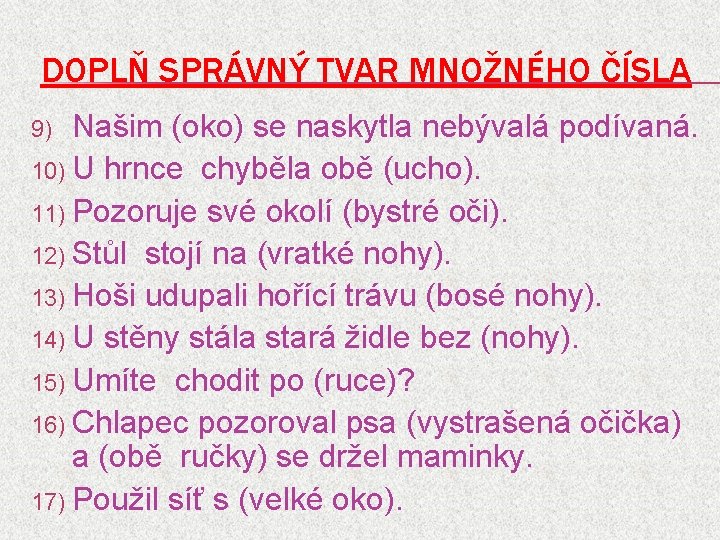 DOPLŇ SPRÁVNÝ TVAR MNOŽNÉHO ČÍSLA Našim (oko) se naskytla nebývalá podívaná. 10) U hrnce