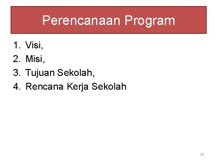 Perencanaan Program 1. 2. 3. 4. Visi, Misi, Tujuan Sekolah, Rencana Kerja Sekolah 20