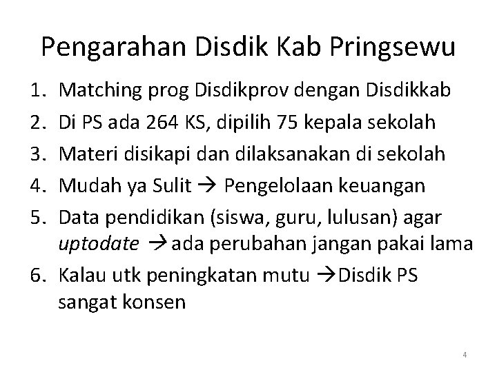 Pengarahan Disdik Kab Pringsewu 1. 2. 3. 4. 5. Matching prog Disdikprov dengan Disdikkab