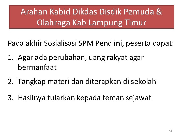 Arahan Kabid Dikdas Disdik Pemuda & Olahraga Kab Lampung Timur Pada akhir Sosialisasi SPM