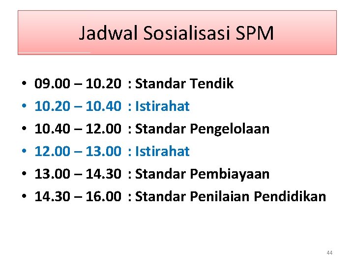 Jadwal Sosialisasi SPM • • • 09. 00 – 10. 20 – 10. 40