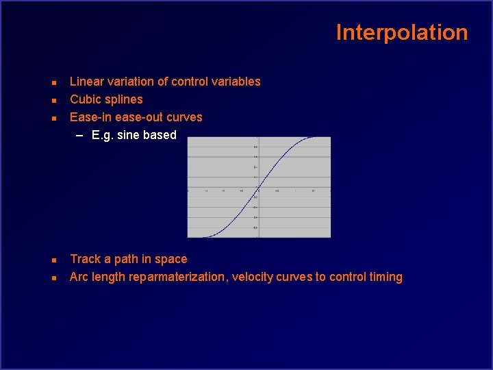 Interpolation n n Linear variation of control variables Cubic splines Ease-in ease-out curves –