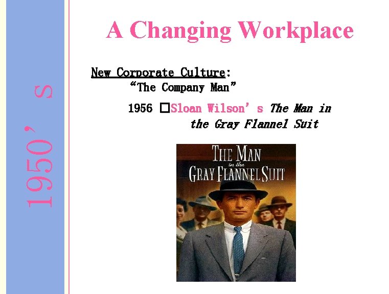 1950’s A Changing Workplace New Corporate Culture: “The Company Man” 1956 �Sloan Wilson’s The