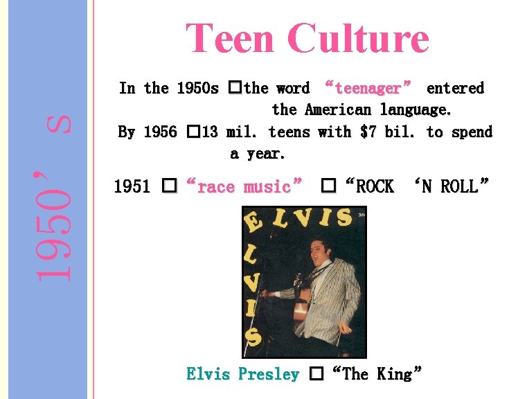 1950’s Teen Culture In the 1950 s �the word “teenager” entered the American language.