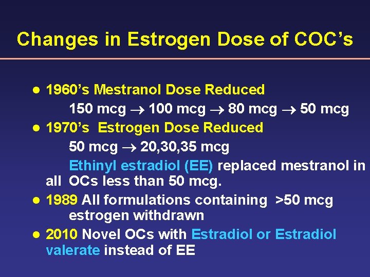 Changes in Estrogen Dose of COC’s 1960’s Mestranol Dose Reduced 150 mcg 100 mcg