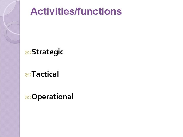 Activities/functions Strategic Tactical Operational 