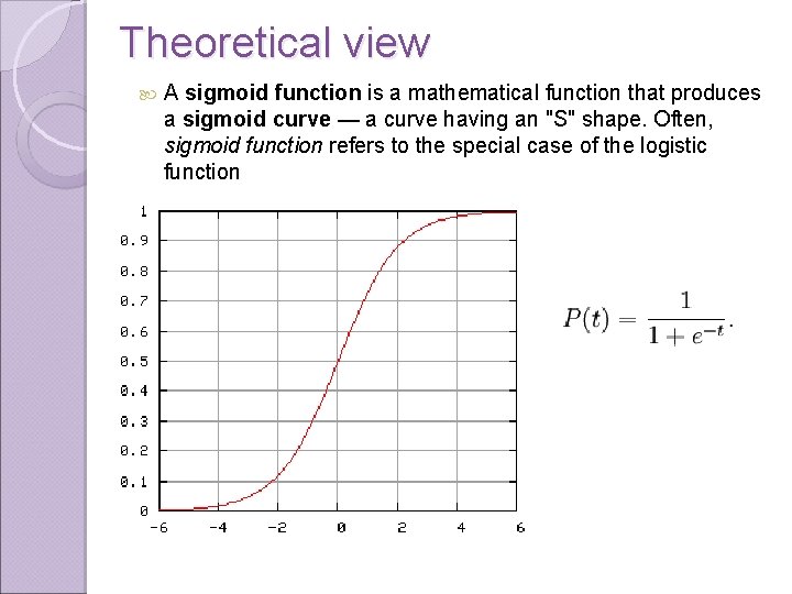 Theoretical view A sigmoid function is a mathematical function that produces a sigmoid curve