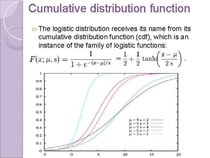 Cumulative distribution function The logistic distribution receives its name from its cumulative distribution function