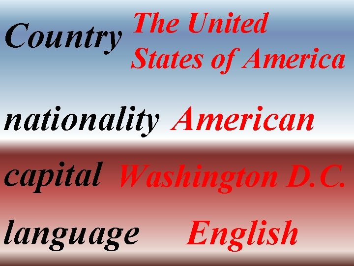 The United Country States of America nationality American capital Washington D. C. language English