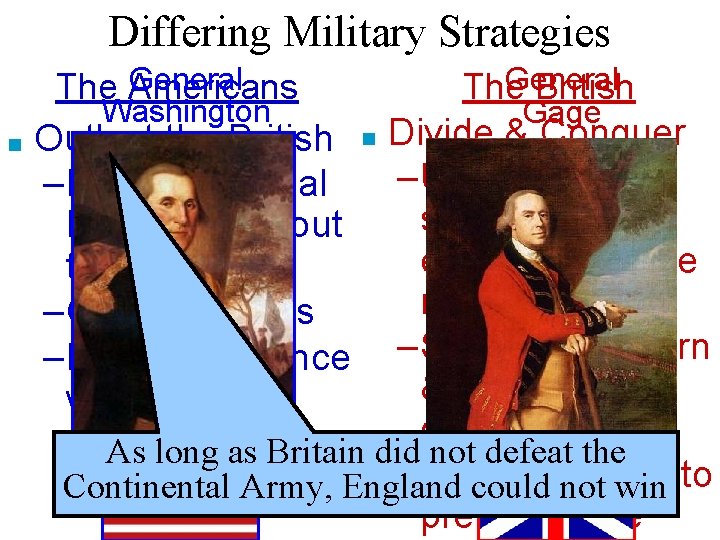 Differing Military Strategies General The Americans ■ Washington General The British Gage Outlast the