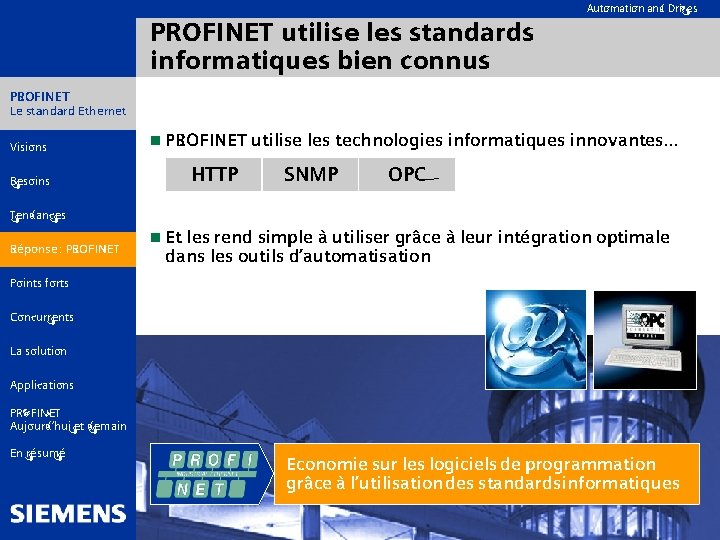 Automation and Drives PROFINET utilise les standards informatiques bien connus PROFINET Le standard Ethernet