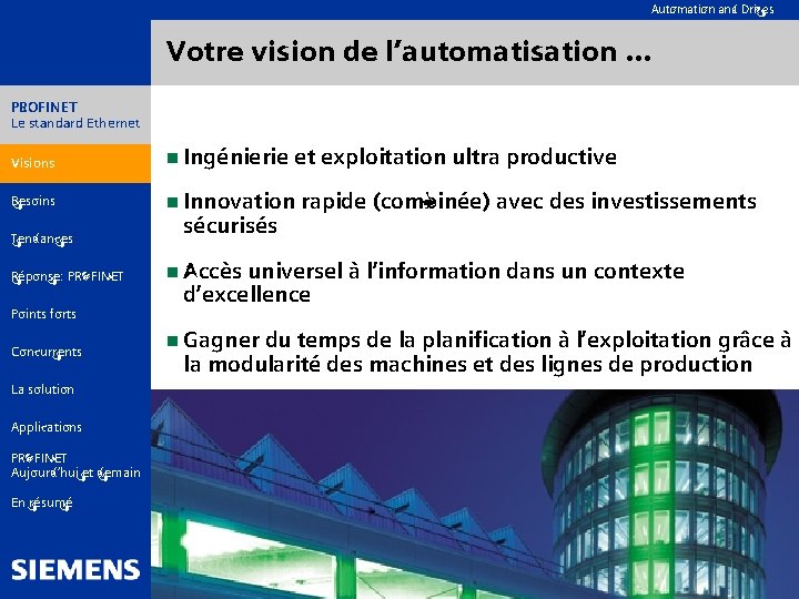 Automation and Drives Votre vision de l’automatisation … PROFINET Le standard Ethernet Visions n