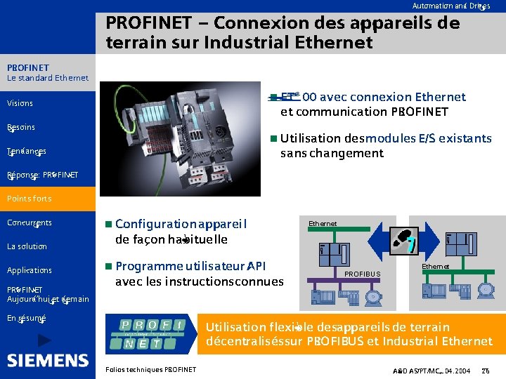 Automation and Drives PROFINET – Connexion des appareils de terrain sur Industrial Ethernet PROFINET