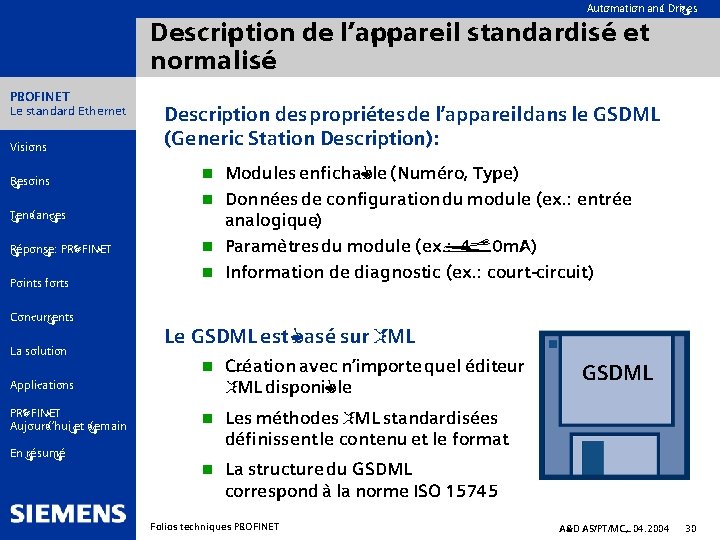 Automation and Drives Description de l’appareil standardisé et normalisé PROFINET Le standard Ethernet Visions