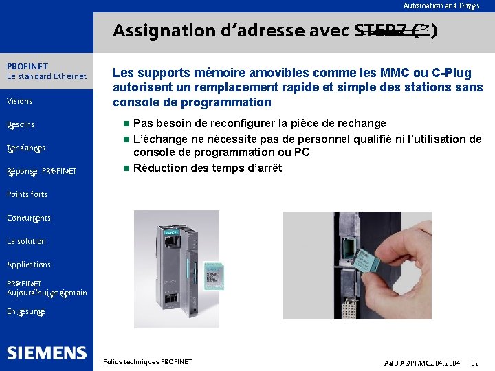 Automation and Drives Assignation d’adresse avec STEP 7 (2) PROFINET Le standard Ethernet Visions